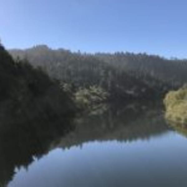 A calm body of water reflects a clear blue sky and lush green, tree-covered hills under sunlight.