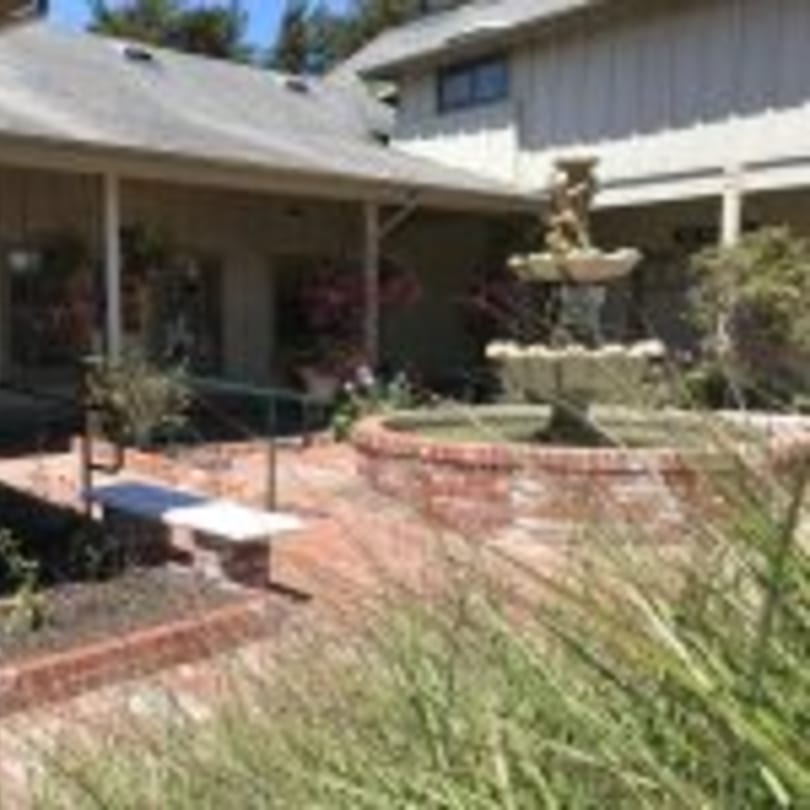 Outdoor patio with a brick fountain, lush greenery, and a building in the background.